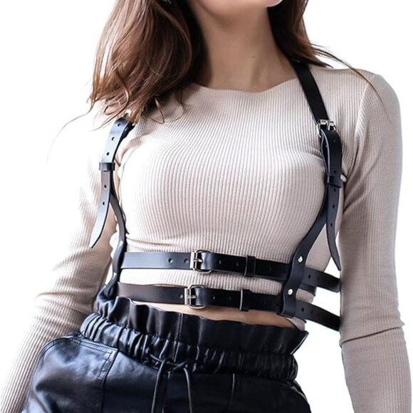 Punk Belt Black Pu Leather Harness Belt‎ for Women Goth Body Adjustable Waist